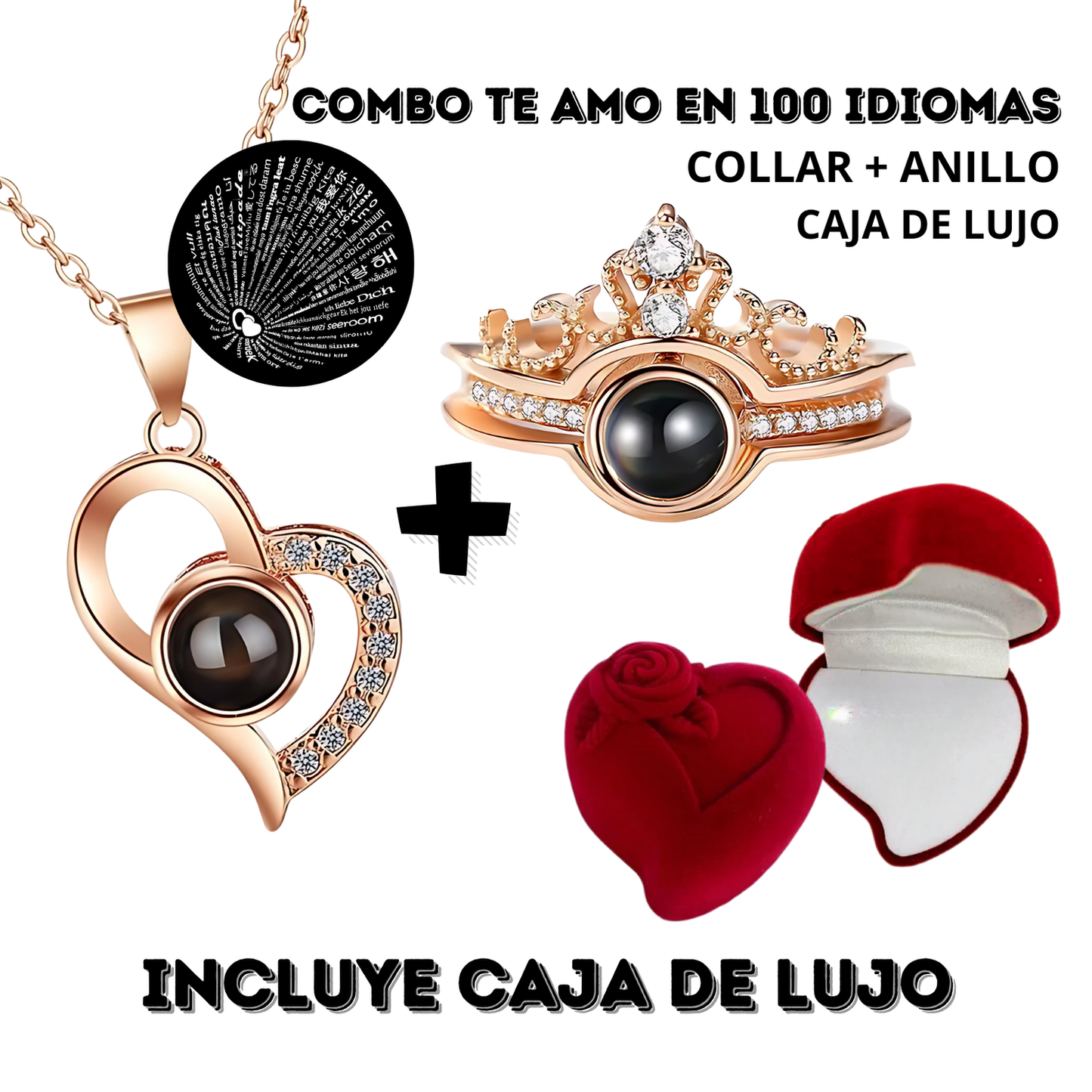 COMBO ANILLO + COLLAR TE AMO EN 100 IDIOMAS DIFERENTES